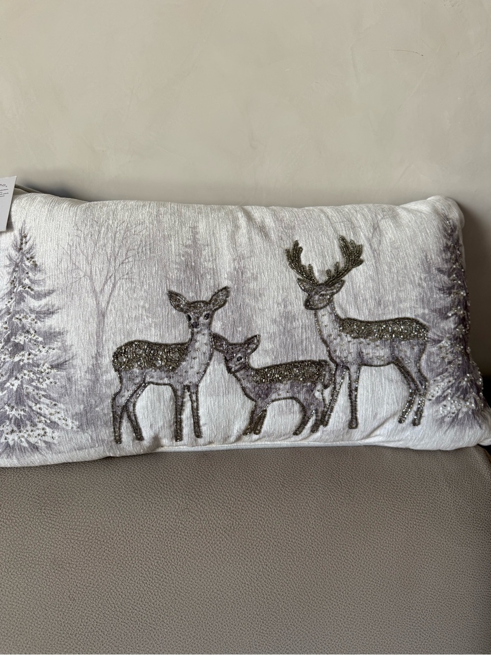 Holiday Deer Decorative Hand made Pillow India- White and Gray